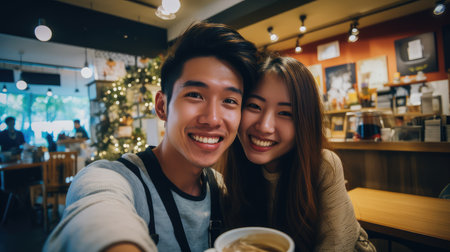 selfie young couple coffeeの素材