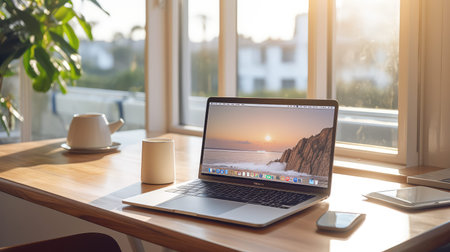 typing macbook on white deskの素材