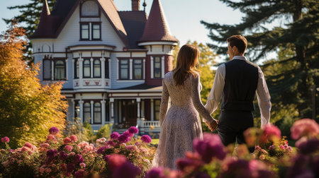 victorian happy couple in front of houseの素材