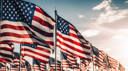 vibrant us flag waving blue skyの素材