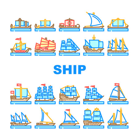 ancient ship maritime vessel icons set vectorのイラスト素材