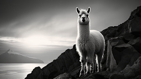 sunhillside llama black and white illustration dramatic elegant, rocky scene, photography nature sunhillside llama black and whiteの素材