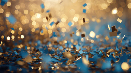 festive gold and blue confetti illustration magical enchanting, celebration vibrant, sky event festive gold and blue confettiの素材