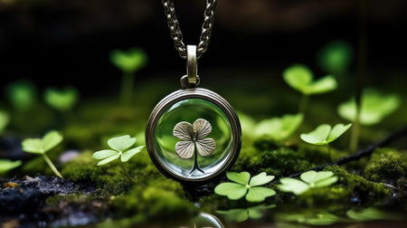 luck clover 3 leaf illustration charm pendant, necklace goodluck, amulet green luck clover 3 leafの素材