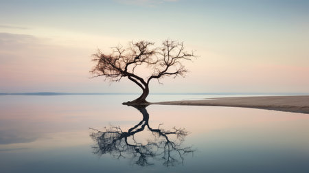 calm dry tree illustration still mirror, dreamlike tranquil, peace serenity calm dry treeの素材