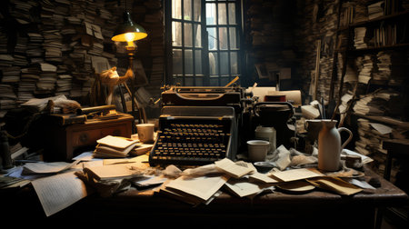 coffee writer desk illustration papers cluttered, darkwood stacks, scattered busy writer coffee deskの素材