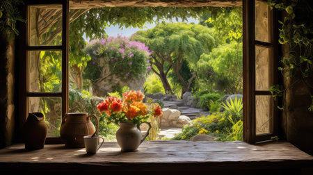 view garden through window table plant illustration rustic vibrant, decorative aesthetic, greenery landscape view garden through window table plantの素材