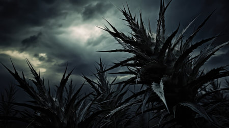 spiky dark plants illustration stormy sky, sharp leaves, clouds dramatic spiky dark plantsの素材