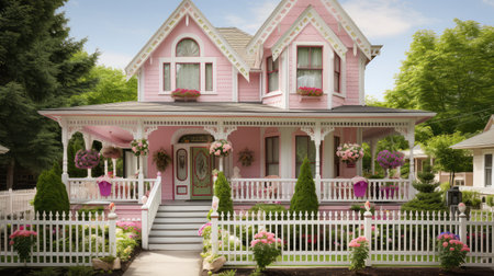 pink cute house exterior illustration trim accents, baskets flowers, garden storybook pink cute house exteriorの素材