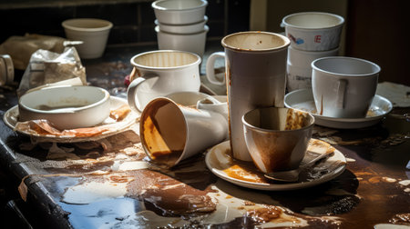 kitchen dirty coffee cups illustration counter sugar, packets creamer, grime neglected kitchen dirty coffee cupsの素材