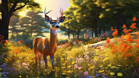 meadow white tail deer illustration wildflowers sunlight, grazing ears, fur eyes meadow white tail deerの素材