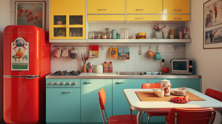 retro apartment kitchen small illustration vintage design, bright colors, quirky accessories retro apartment small kitchenの素材