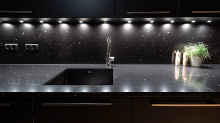 kitchen white string lights on black backgroundの素材