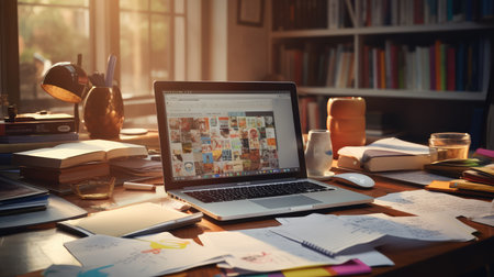 pens computer on desk backgroundの素材