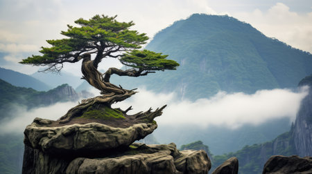 boulder tree growing out of rockの写真素材