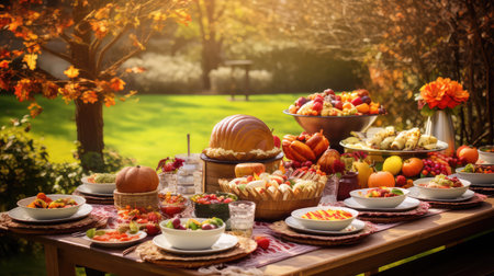 outdoor family at thanksgiving tableの素材