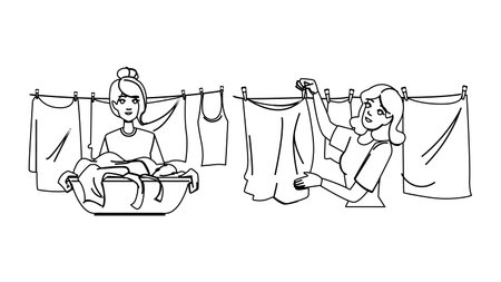 dry woman hanging clothes vectorのイラスト素材