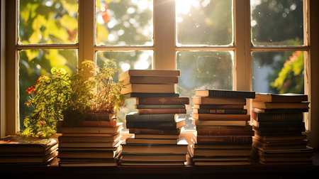 shadows stack of library booksの素材