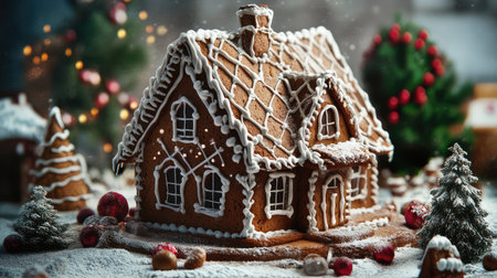 photorealistic gingerbread house cookie illustration style icing, decoration festive, christmas edible photorealistic gingerbread house cookieの素材