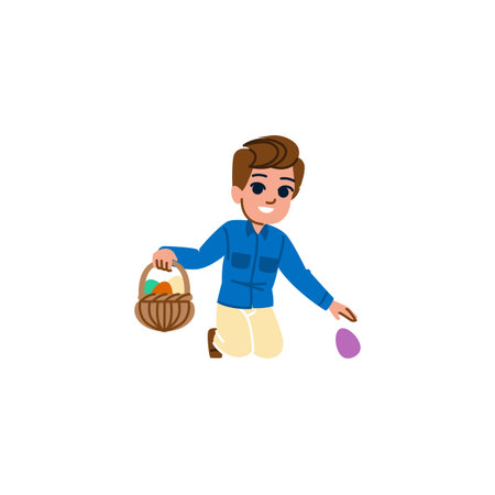 Boy picking up easter eggs during egg hunt with basketのイラスト素材