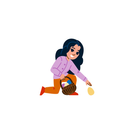 Girl collecting easter eggs during egg hunt putting them in a wicker basketのイラスト素材