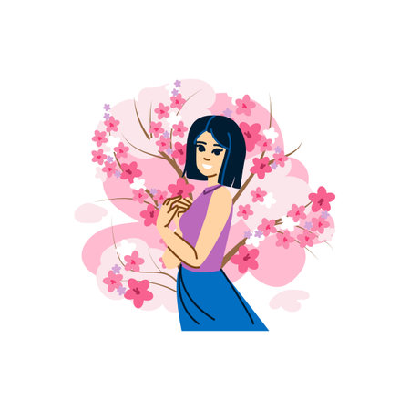 Young woman enjoying blooming sakura cherry blossoms in springのイラスト素材