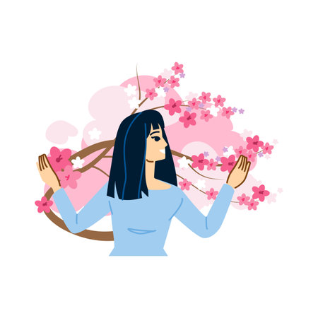 Young woman enjoying cherry blossom in spring seasonのイラスト素材