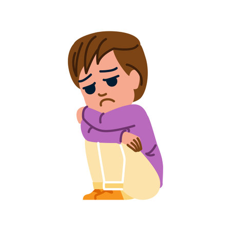 Sad child sitting alone and hugging kneesのイラスト素材