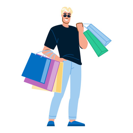 Smiling blond man holding shopping bags enjoying purchasesのイラスト素材