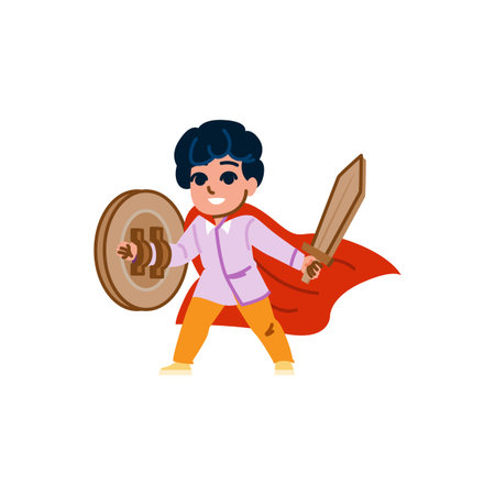 Brave kid playing superhero holding sword and shieldのイラスト素材
