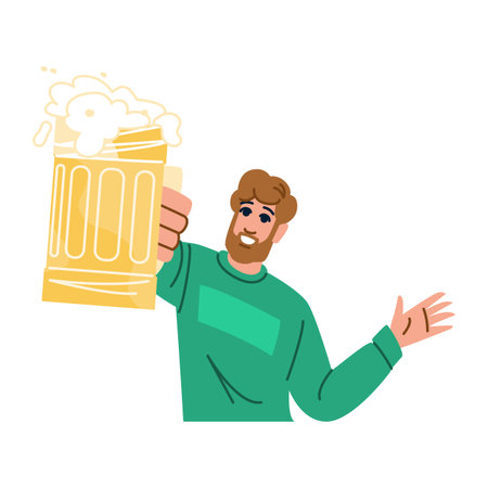 Happy man holding and raising a giant beer glass with overflowing foamのイラスト素材