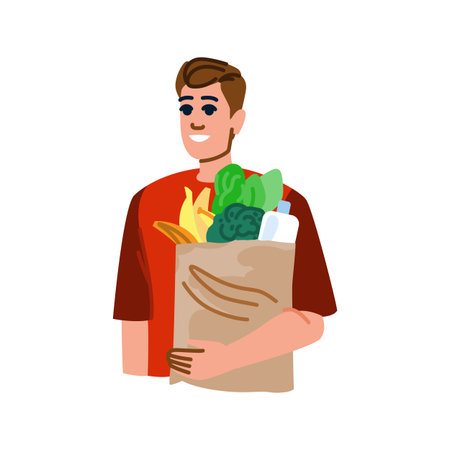 Smiling man holding grocery bag with fresh vegetables and fruitsのイラスト素材