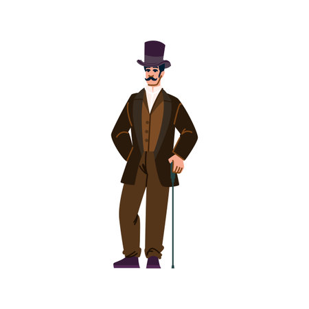 Elegant gentleman wearing top hat and holding cane posing in victorian era styleのイラスト素材