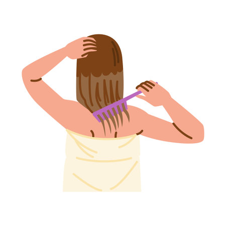 Woman brushing long hair after shower with towel wrapped around bodyのイラスト素材