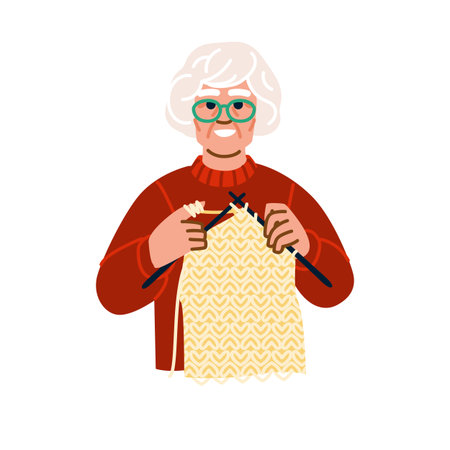 Smiling senior woman knitting warm clothes with needles and yarnのイラスト素材