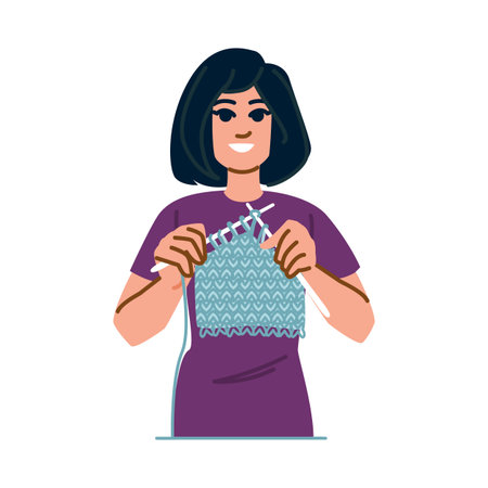 Woman knitting a turquoise sweater with white needles and turquoise yarnのイラスト素材