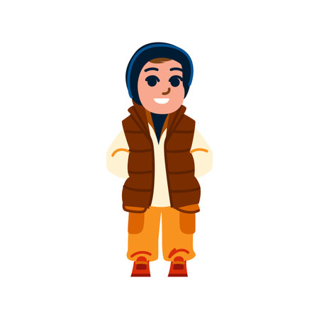 Smiling boy wearing winter clothes and holding hands behind backのイラスト素材
