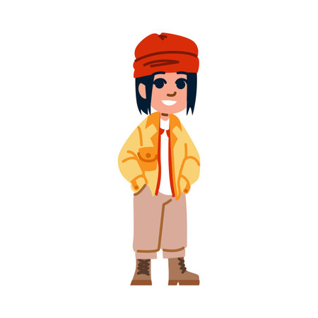 Smiling youngster wearing casual clothes and red beanie posing with hands in pocketsのイラスト素材