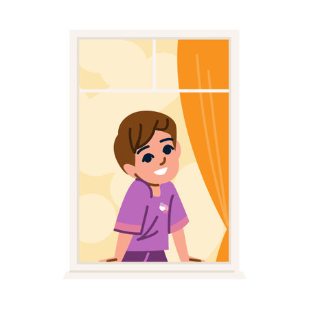 Smiling boy looking out the window, home quarantine conceptのイラスト素材