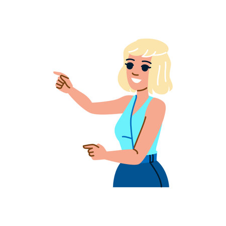 Smiling promoter girl pointing with two handsのイラスト素材