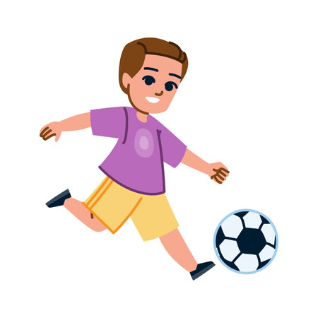 Happy child kicking soccer ball, playing football in summerのイラスト素材