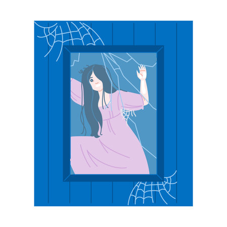 Creepy ghost girl escaping from broken window in haunted houseのイラスト素材
