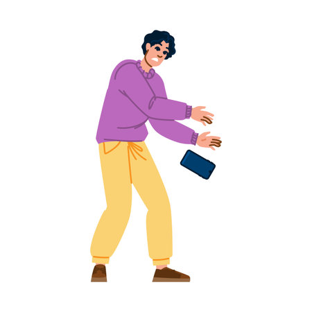 Young man dropping smartphone by accident, mobile phone falling downのイラスト素材