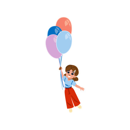 Happy girl flying holding colorful balloons, childhood dreamのイラスト素材