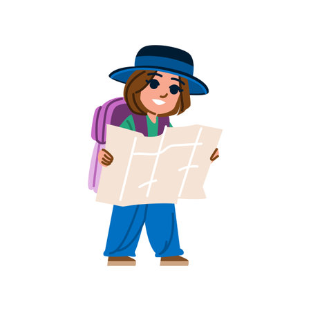 Smiling girl tourist reading map and exploring new cityのイラスト素材