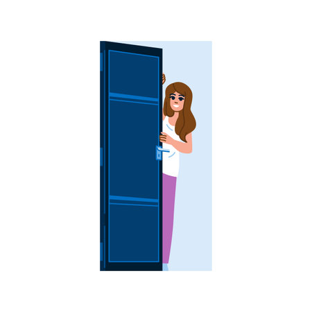 Smiling woman opening door at home or hotel roomのイラスト素材