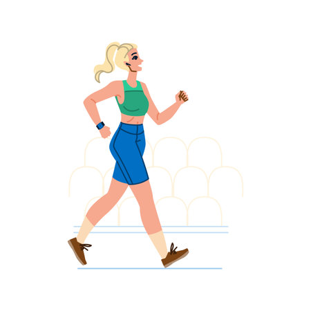 Young woman wearing smartwatch and earphones running in stadiumのイラスト素材
