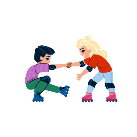 Children wearing protective gear helping each other roller skatingのイラスト素材