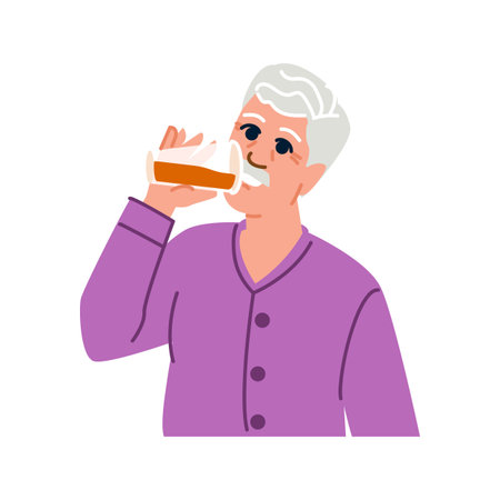 Senior man drinking juice, maintaining hydration and health in old ageのイラスト素材