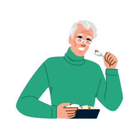 Senior man enjoying a healthy meal with yogurt and berriesのイラスト素材